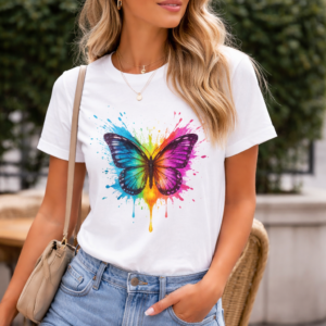 tricou alb damă cu imprimeu fluture multicolor