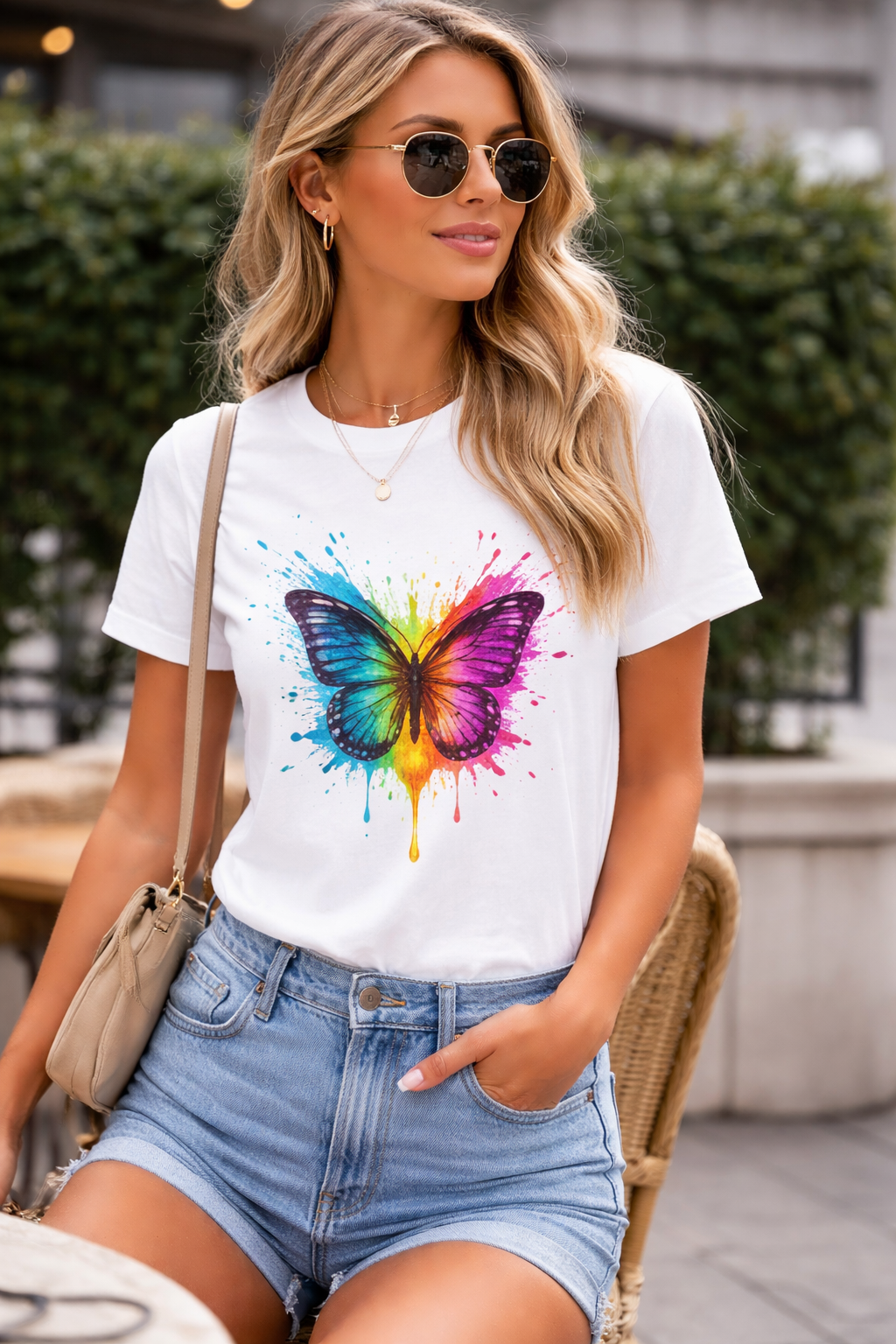 tricou alb damă cu imprimeu fluture multicolor tricou alb damă cu imprimeu fluture multicolor