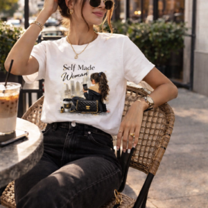 tricou alb damă „self made woman” cu imprimeu statement